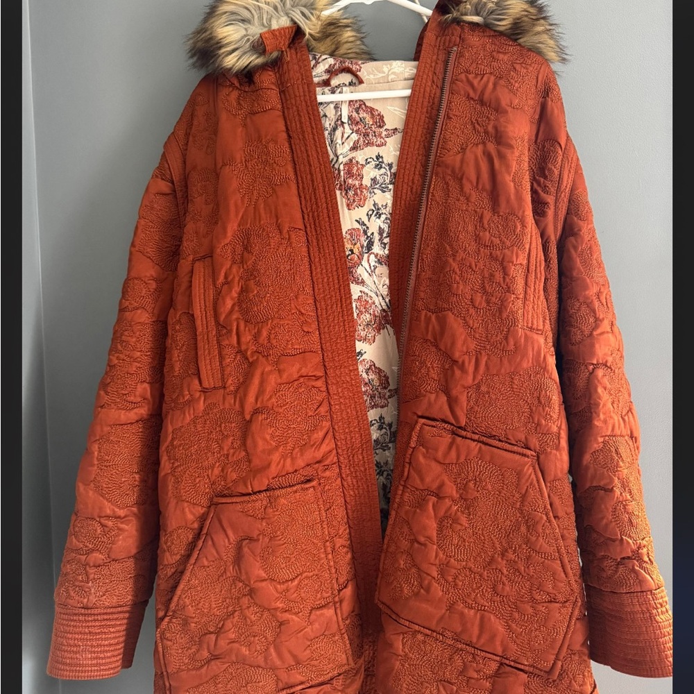 Free People Burnt Orange Quilted Puffer with Faux Fur